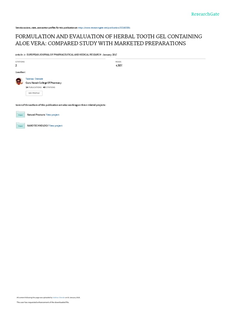 Formulation and Evaluation of Herbal Tooth Gel Containing | PDF