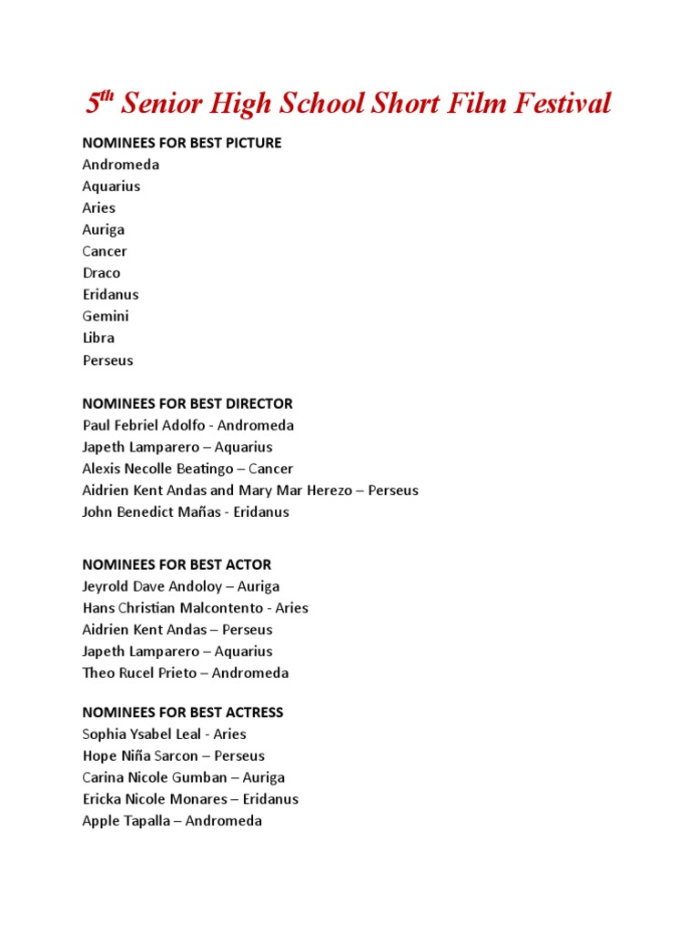 5 Senior High School Short Film Festival Nominees For Best Picture PDF