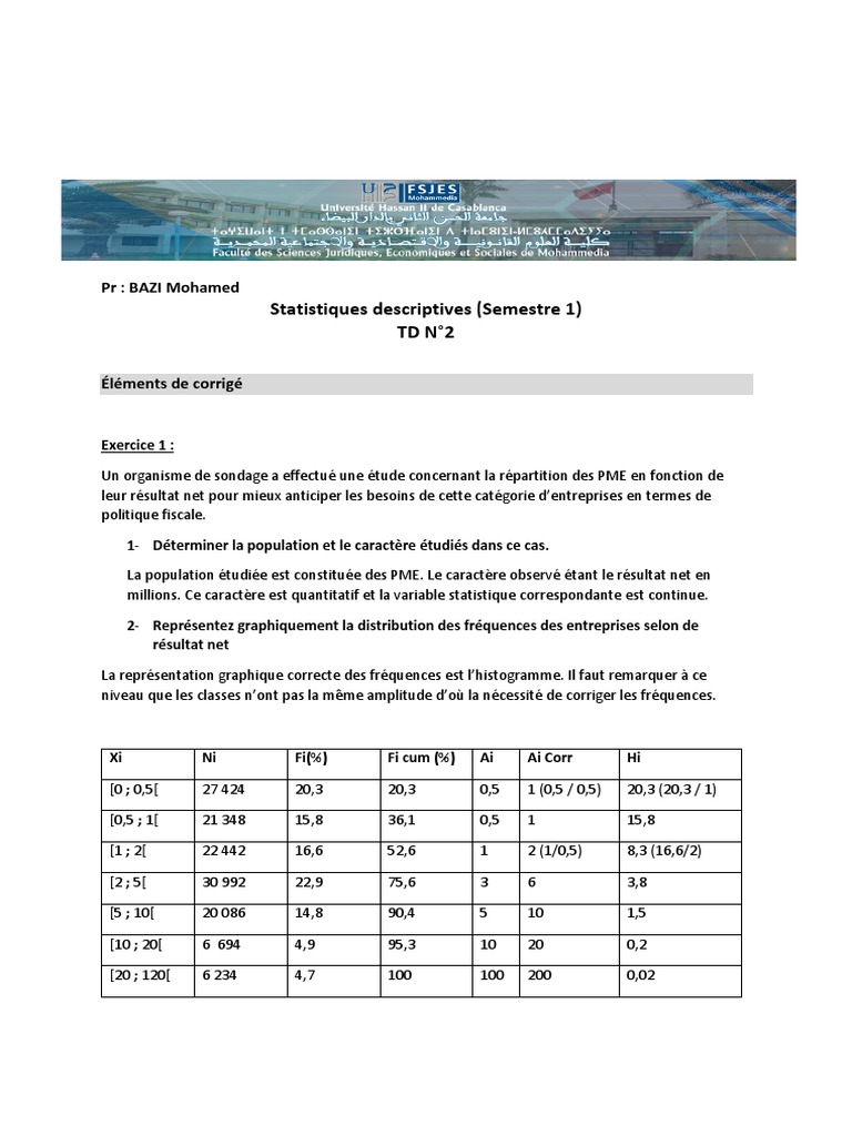Statistique Descript TD2 Corr | PDF | Médiane (statistiques) | Moyenne