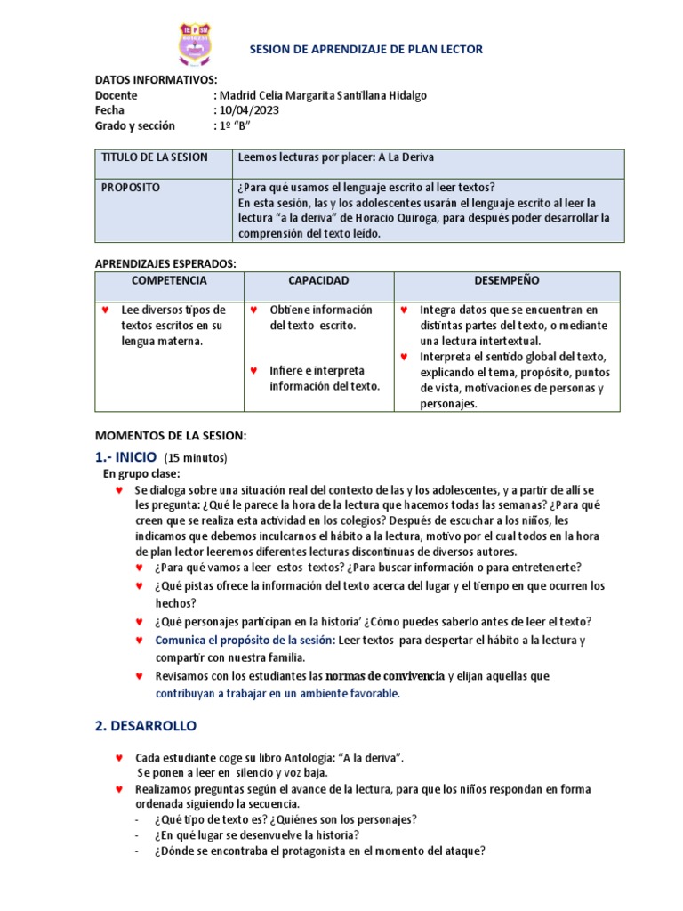 Sesion de Aprendizaje de Plan Lector 1 | PDF | Psicología cognitiva ...