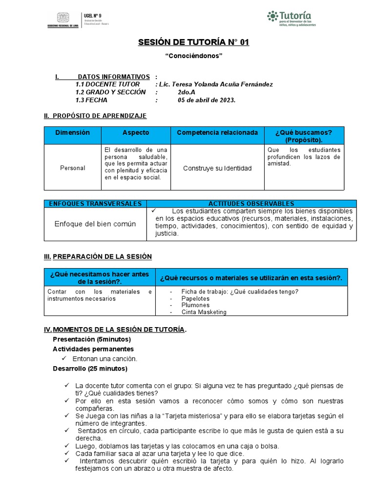 Conociéndonos en Tutoría 2do.A | PDF | Crecimiento personal y profesional
