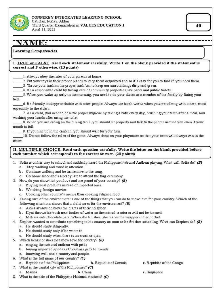3rd Quarter Exam In Values Grade 1 PDF