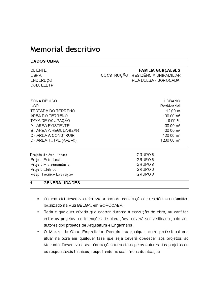Memorial Descritivo Residencial Unifamiliar | PDF | Argamassa ...