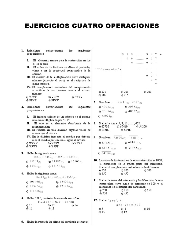 Ejercicios de Cuatro Operaciones Básicas | PDF | División (Matemáticas ...