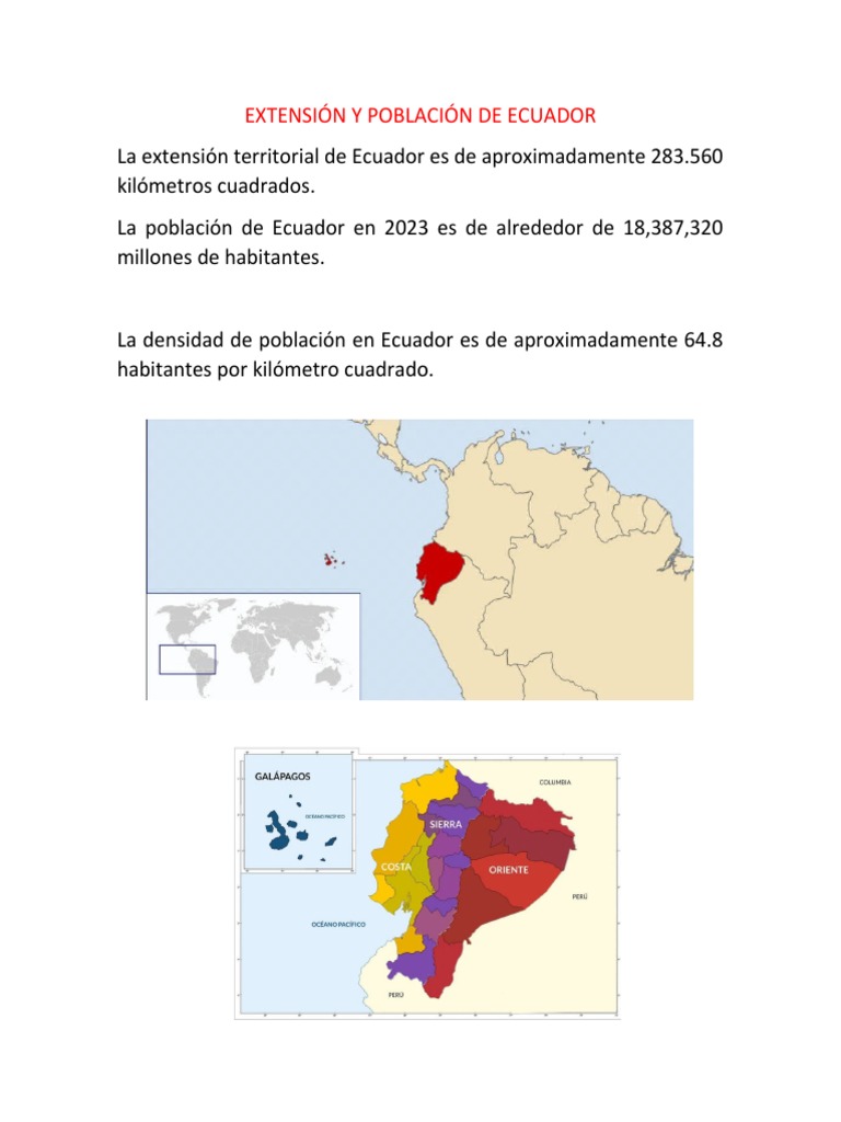 EXTENSIÓN Y POBLACIÓN DE ECUADOR, Con su densidad y población explicada