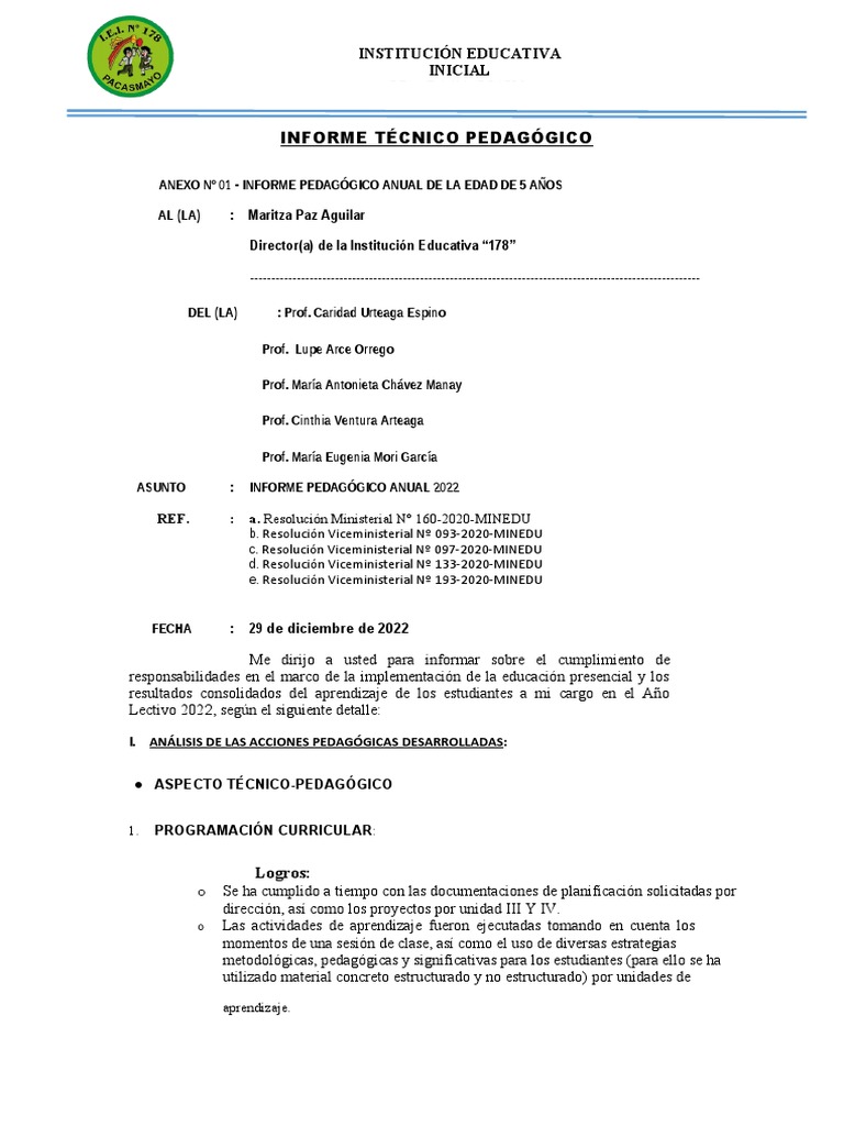 Informe Anual Educativo 2022 - I.E. 178 | PDF | Aprendizaje ...