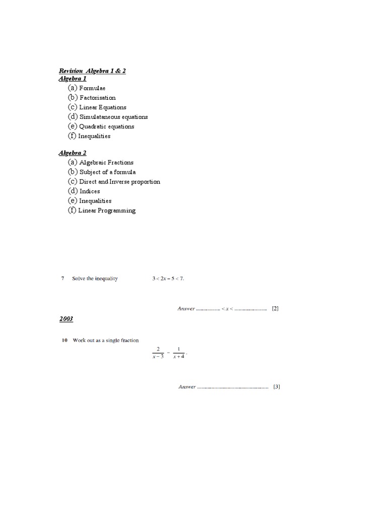 Algebra 1 & 2 Revision Guide | PDF | Teaching Methods & Materials