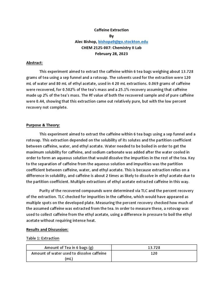 Caffeine Extraction Lab Report Alec Chem 2 PDF