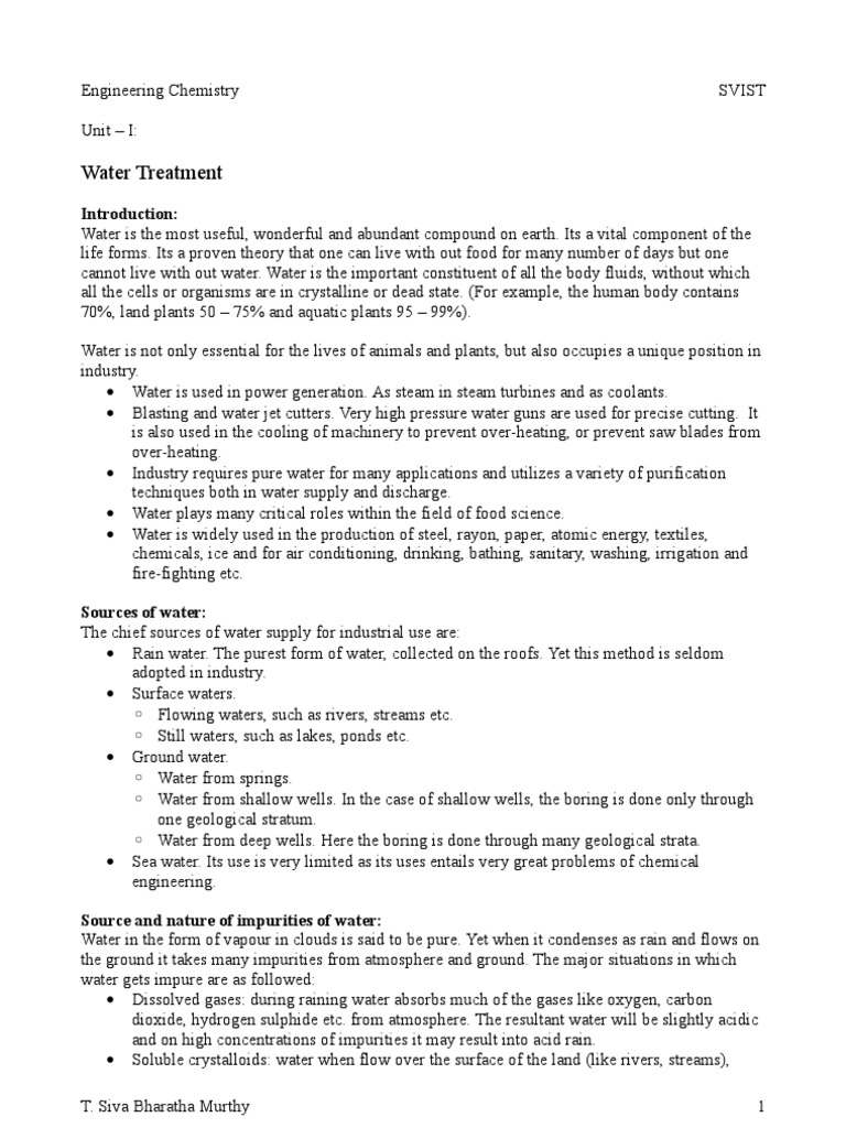 Engineering chemistry unit i water treatment gitam pdf