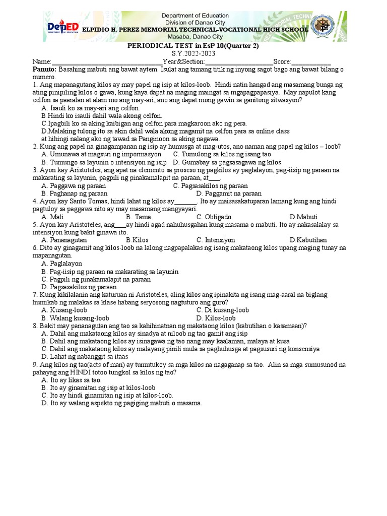 PERIODICAL TEST in EsP 10 | PDF