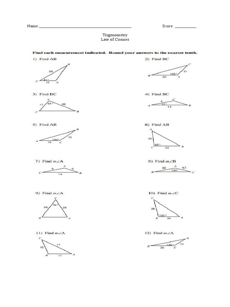 Law of Cosines Worksheet PDF