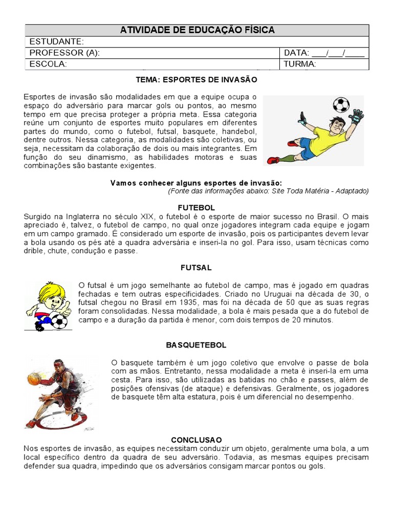 Atividade Educação Fisica Esportes de Invasão PDF