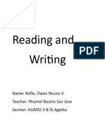 Reading and Writing: Name: Roflo, Owen Niccos V. Teacher: Rhamel Bautro San Jose Section: HUMSS 3-B ST - Agatha