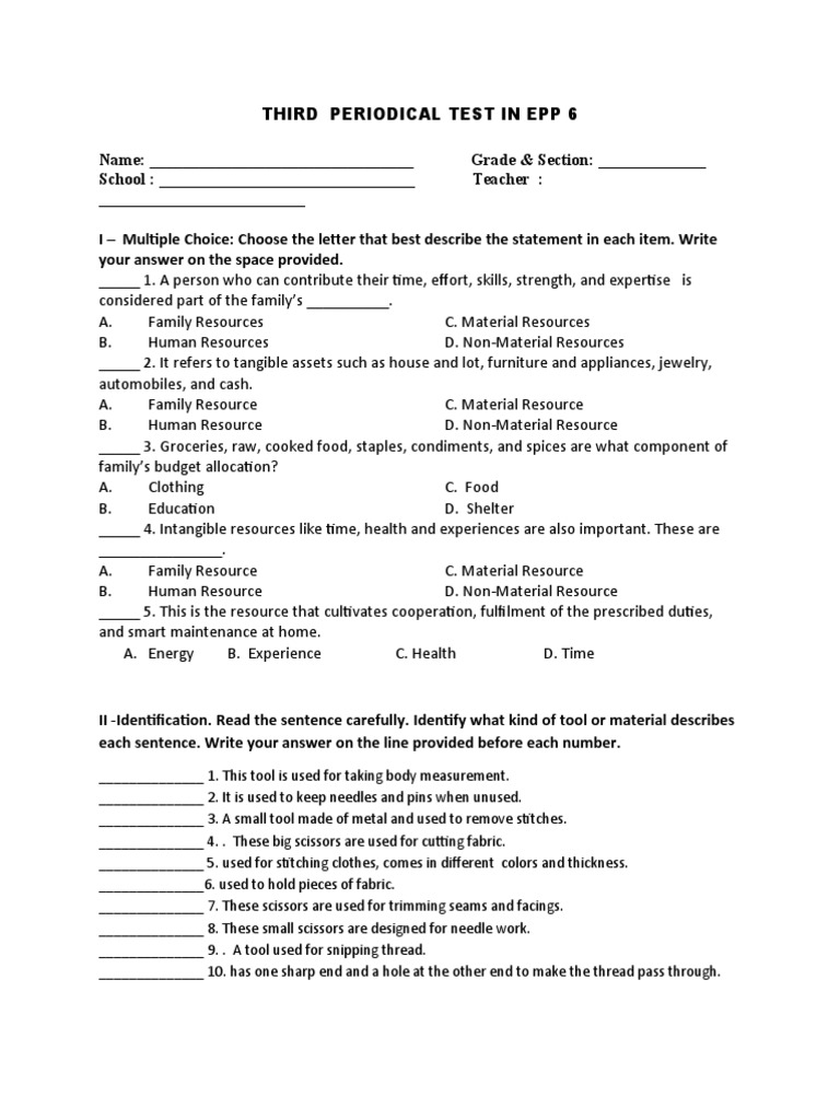 EPP 6 Third Periodical Test Guide | PDF | Resource | Clothing