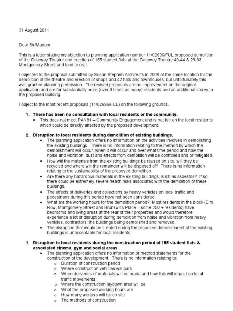 11/02696/FUL Objection Letter PDF Tenement Apartment