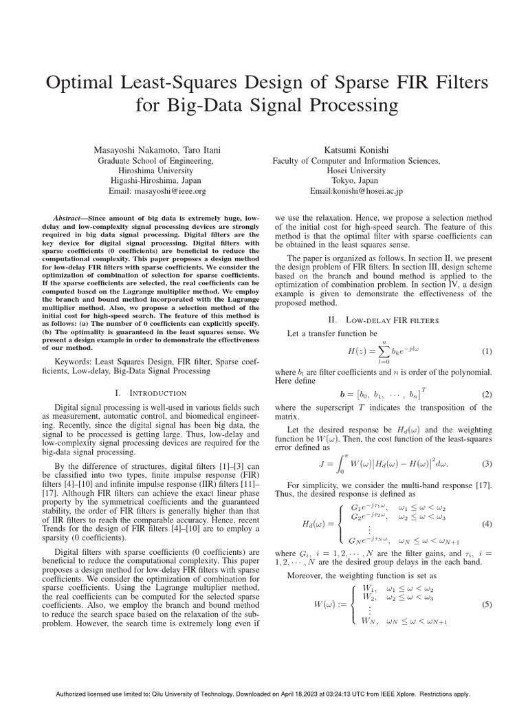Sparse FIR Filter Design for Big Data | PDF | Mathematical Optimization ...