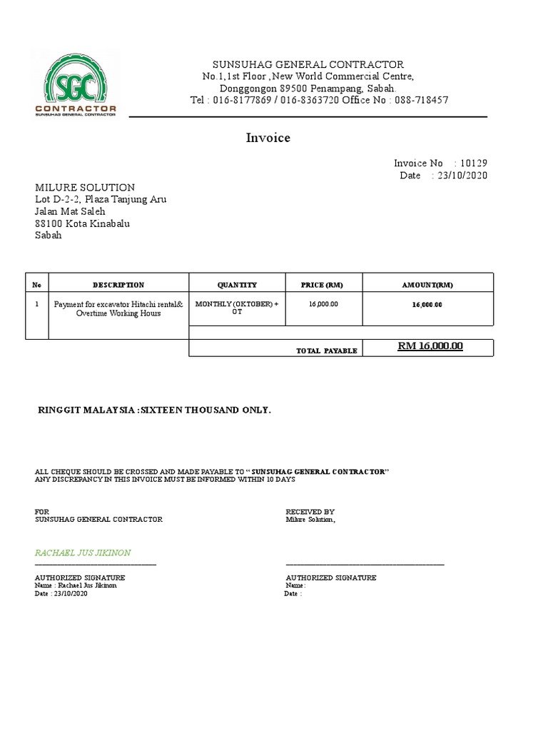 Excavator Rental - Inv 10129 | PDF