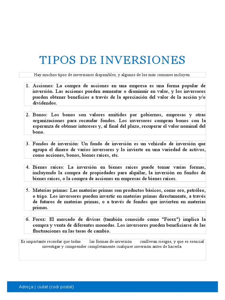Tipos de Inversiones y Ejemplos | PDF | Compartir (Finanzas) | Inversiones
