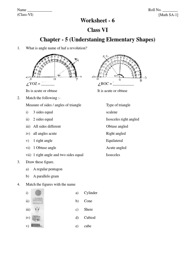 Class 6 Worksheet: Understanding Shapes | PDF