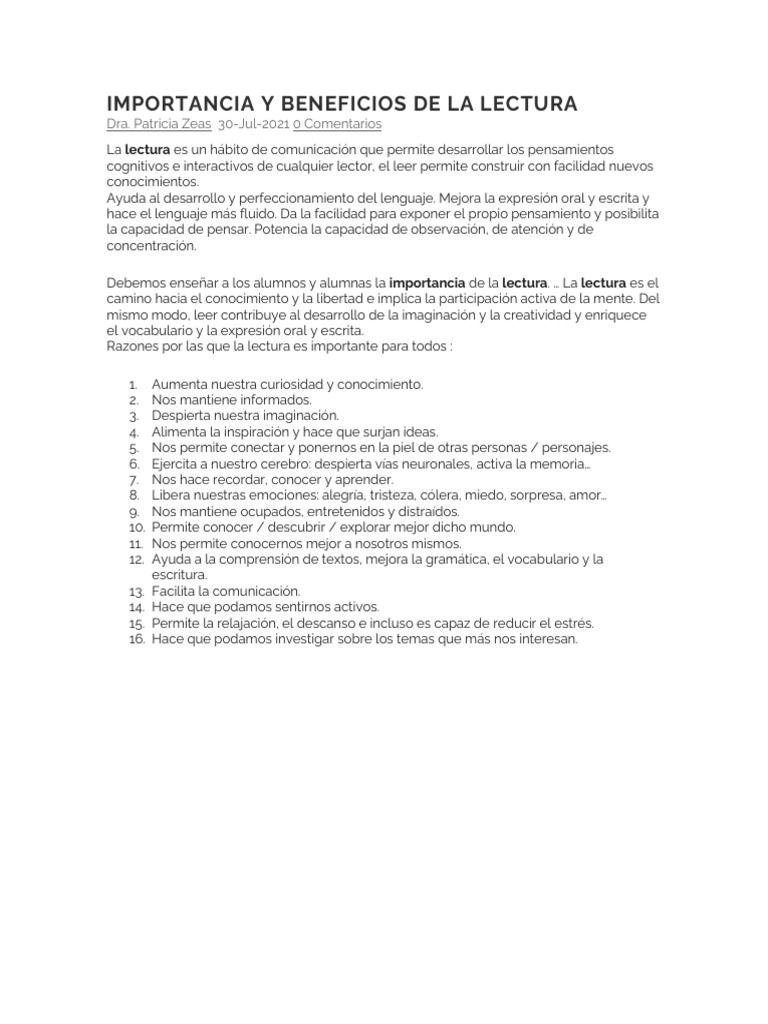 Importancia y Beneficios de La Lectura | PDF