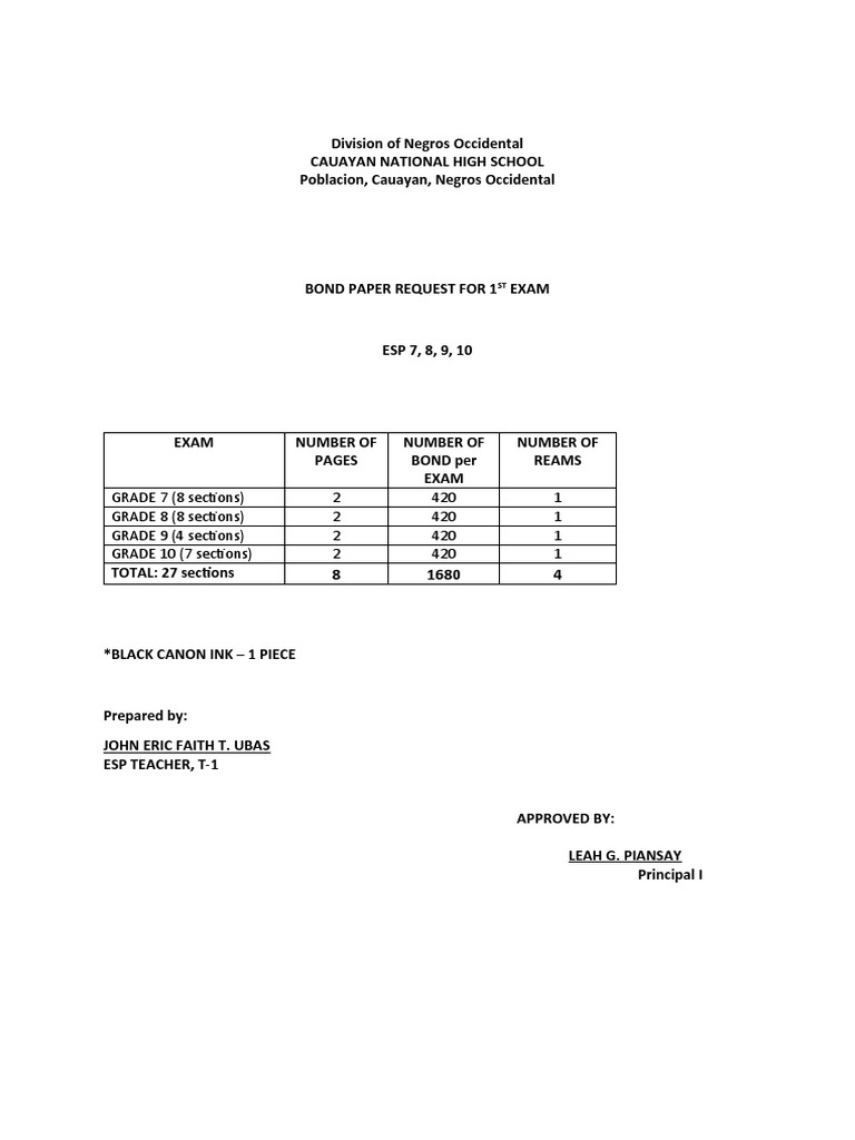 Bond Paper Request for 1st Exam | PDF