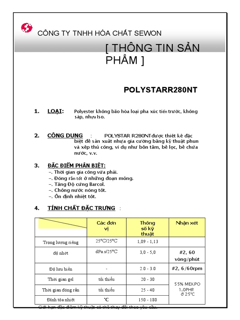 R280NT TDS (General purpose Iso Resin) - bản dịch | PDF