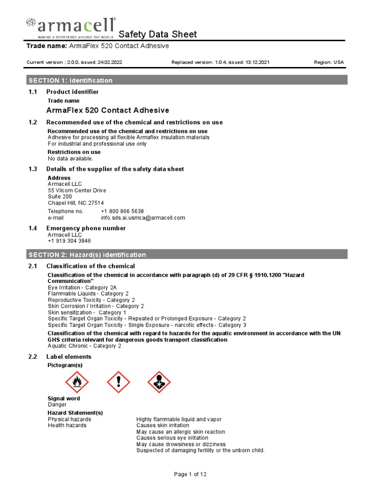 SDS ArmaFlex 520 Contact Adhesive EN.US.2022 PDF Occupational