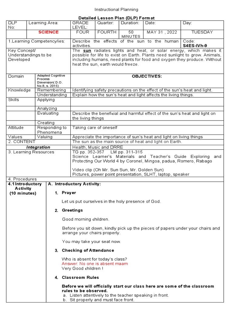 Science detailed lesson plan dlp format pdf learning light