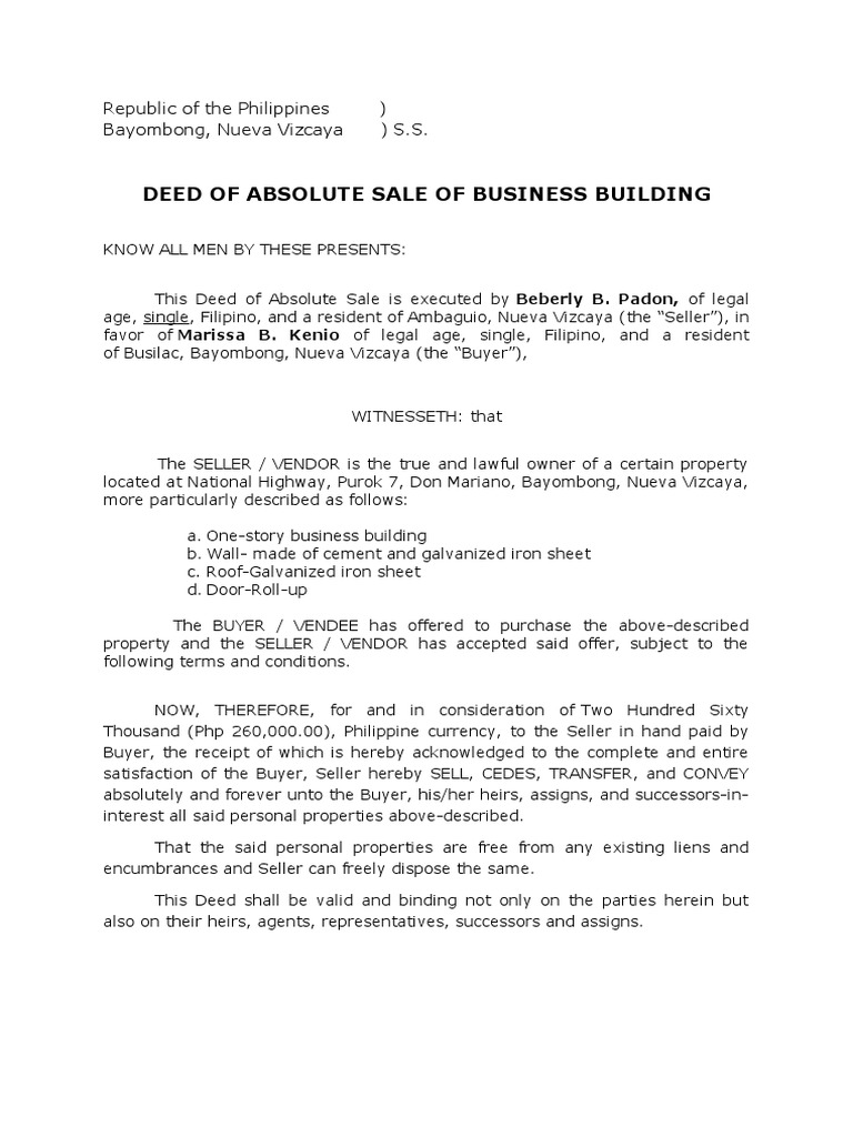 Deed of Absolute Sale for a One-Story Business Building in Bayombong ...