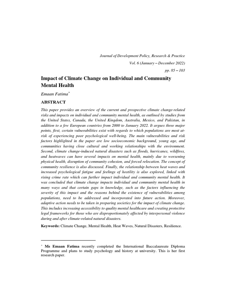 Impact of Climate Change On Individual and Community Mental Health | PDF