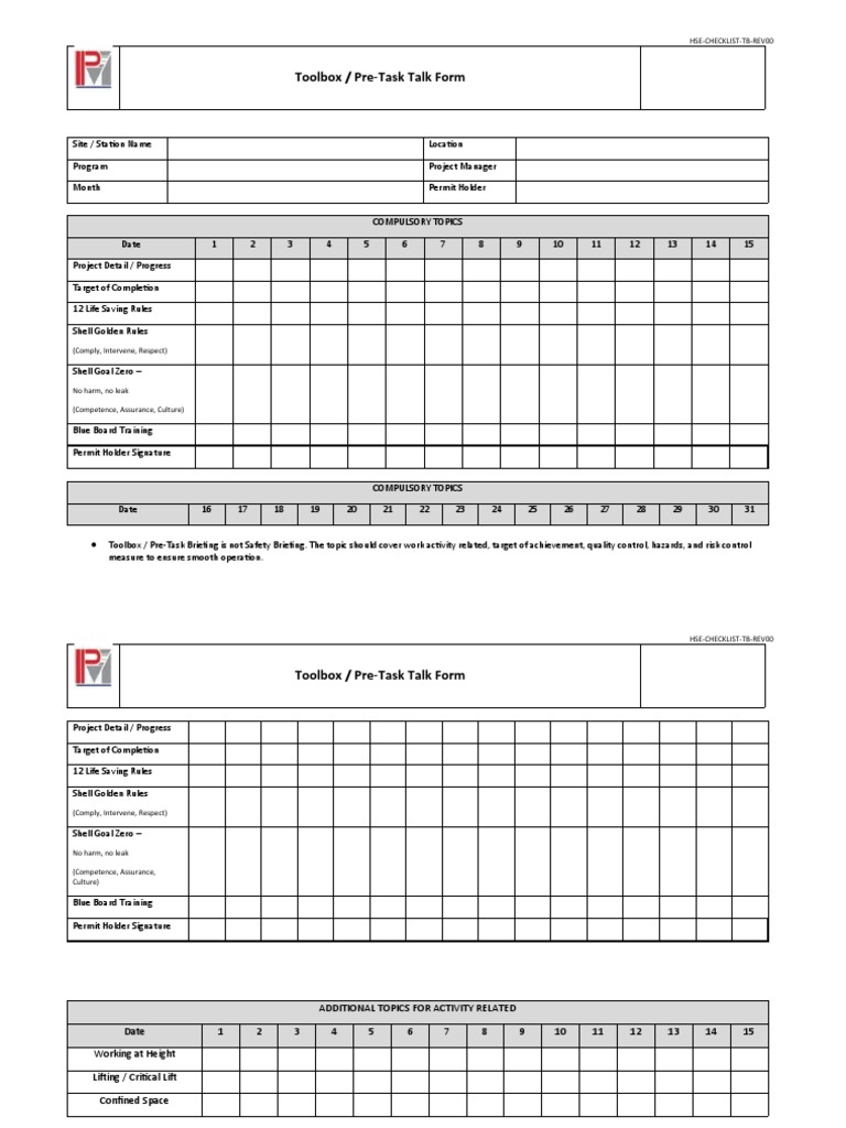 HSECHECKLISTTBREV00 A Toolbox/PreTask Talk Form for Ensuring