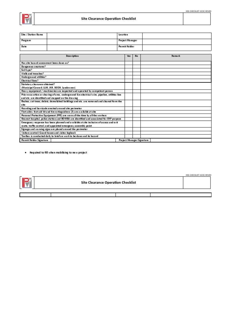 Site Clearance Operation Checklist | PDF