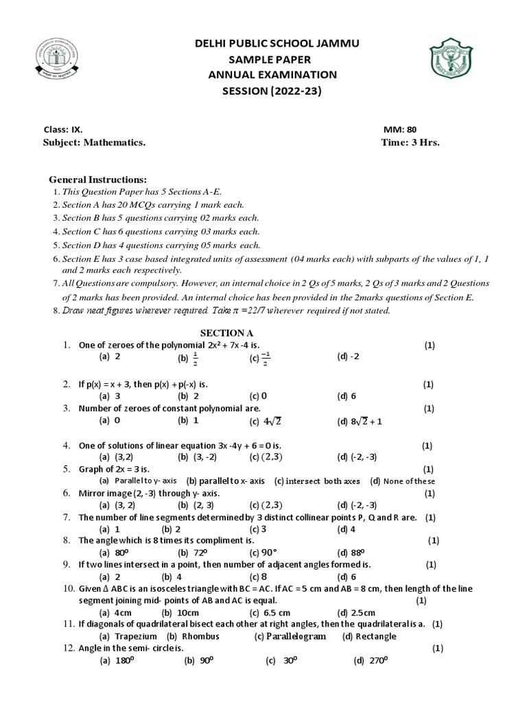 Sample Paper Ix Mathematics Annual Exams 2022 23 Pdf Area Triangle