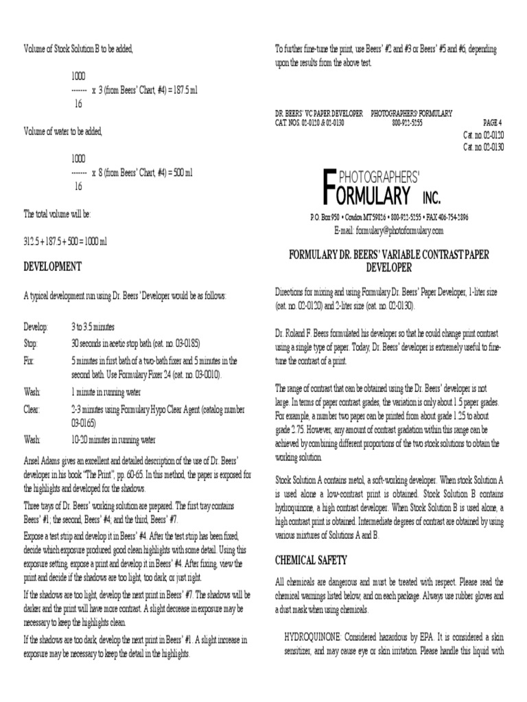 Dr. Beers Variable Contrast Paper Developer (020120) PDF Water