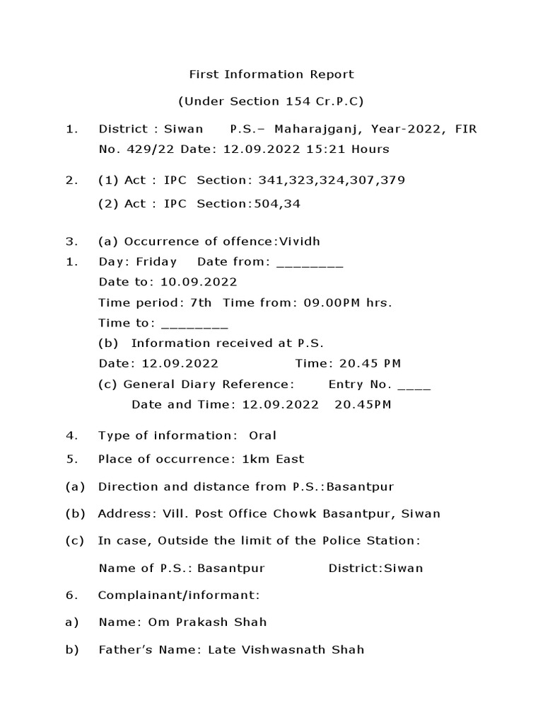First Information Report | PDF | Criminal Law | Law Enforcement
