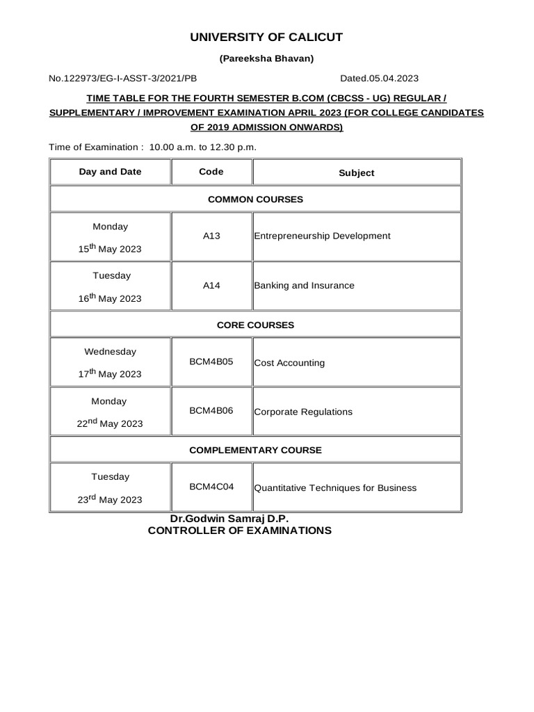 Calicut University 4th Sem B.Com Time Table | PDF