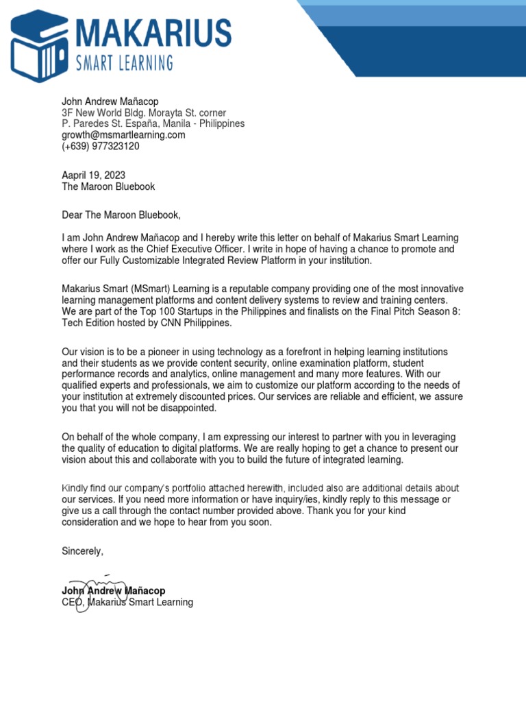 Letter of intent makarius smart learning x the maroon bluebook pdf