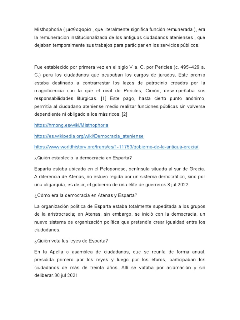 Democracia en Atenas y Esparta. Misthophoria | PDF