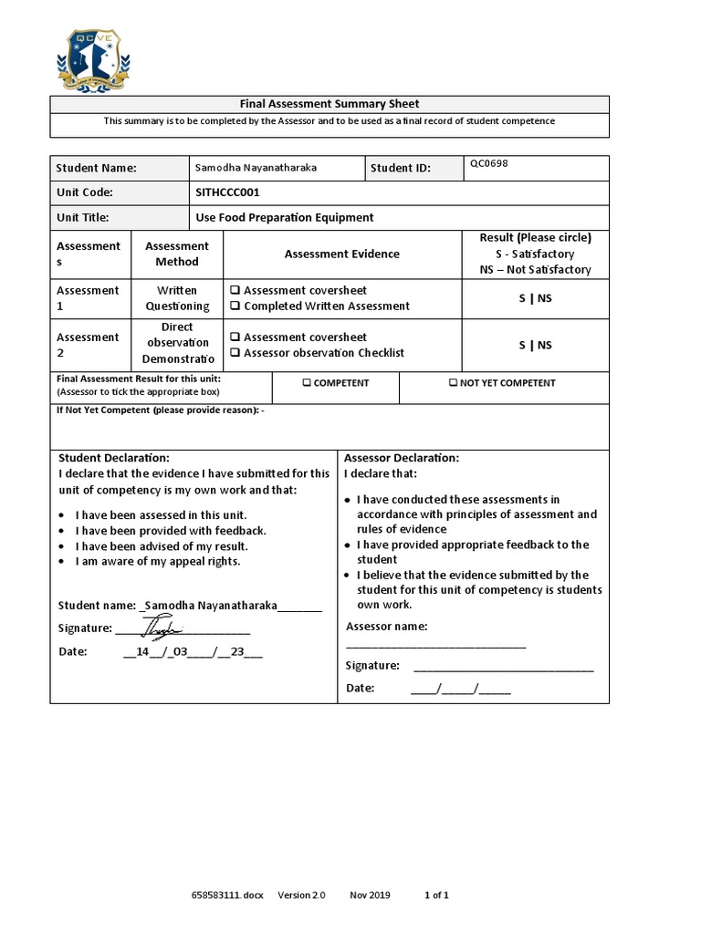 Final Assessment Summary Sheet SITHCCC001 Use Food Preparation Equipment PDF