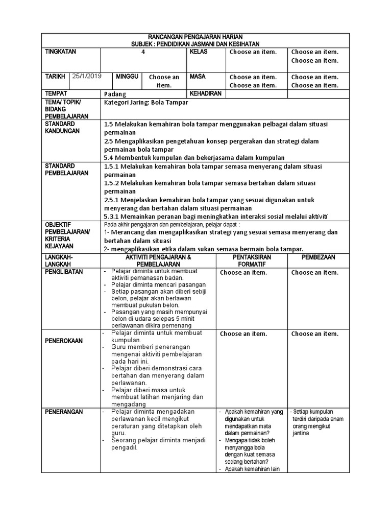 RPH Bola Tampar Tingkatan 4 | PDF