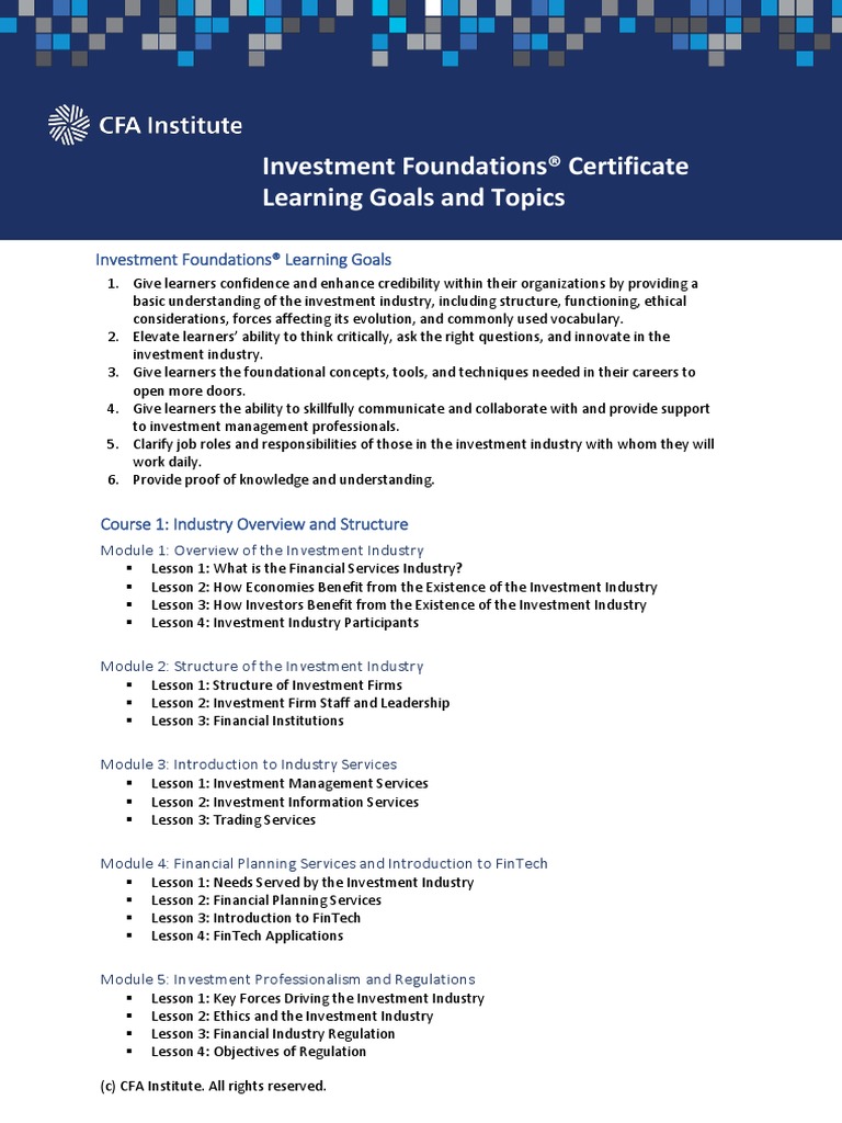Investment Foundations Learning Goals and Topics | PDF | Investment ...