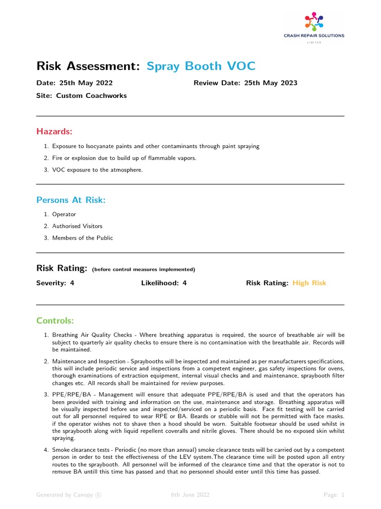Spray Booth Risk Assessment PDF Personal Protective Equipment Safety