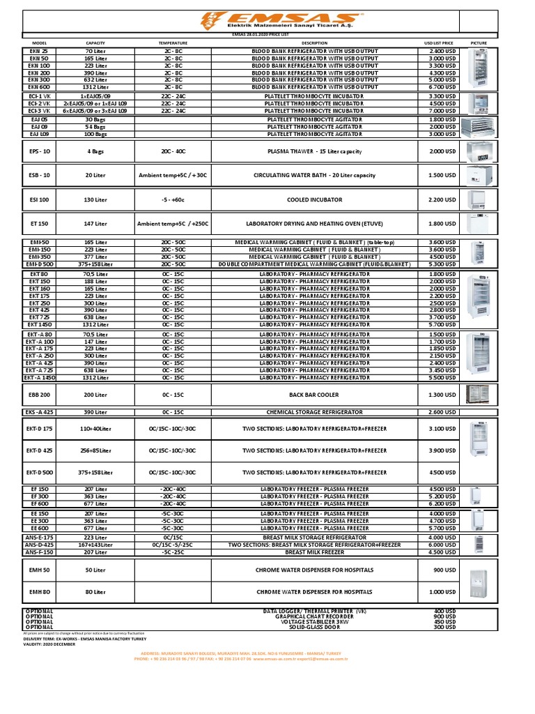 EMSAS Medical Equipment Price List PDF Refrigerator Platelet