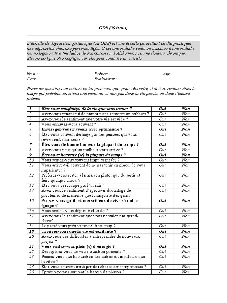 Échelle de dépression gériatrique GDS-30 | PDF | Dépression ...
