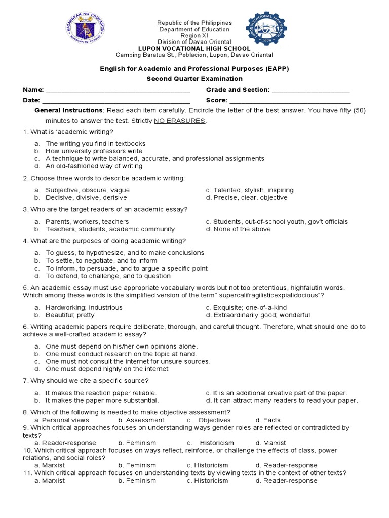 EAPP Second Quarter Exam PDF Concept Argument
