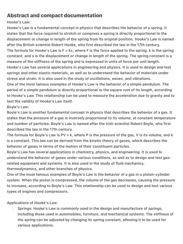 Abstract and Compact Documentation of Hooke's Law and Boyle's Law PDF