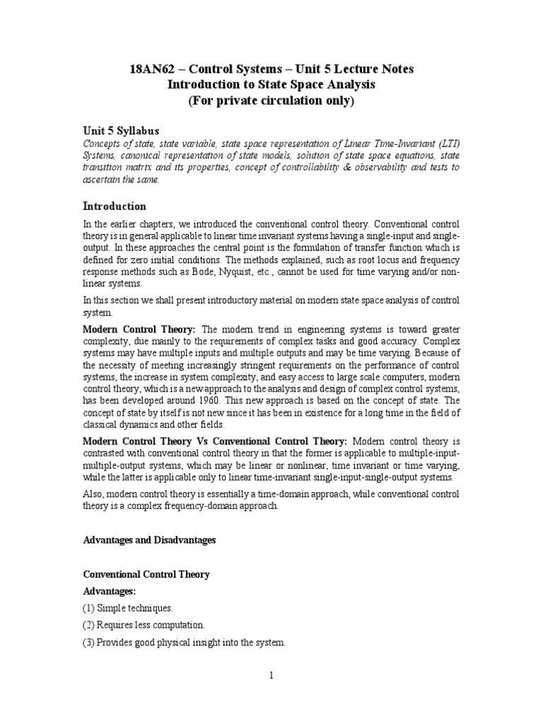 18AN62 - Control Systems - Unit 5 Lecture Notes Introduction To State ...