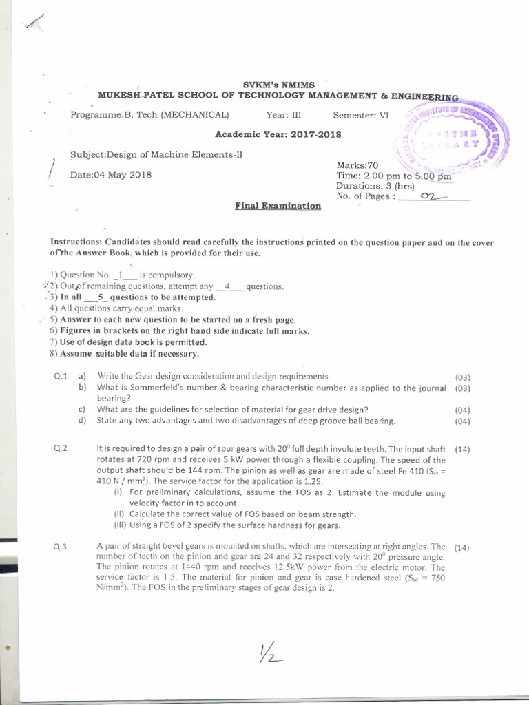 Design of Machine Elements Ii (Mechanical), 2017-18 Final Exam | PDF