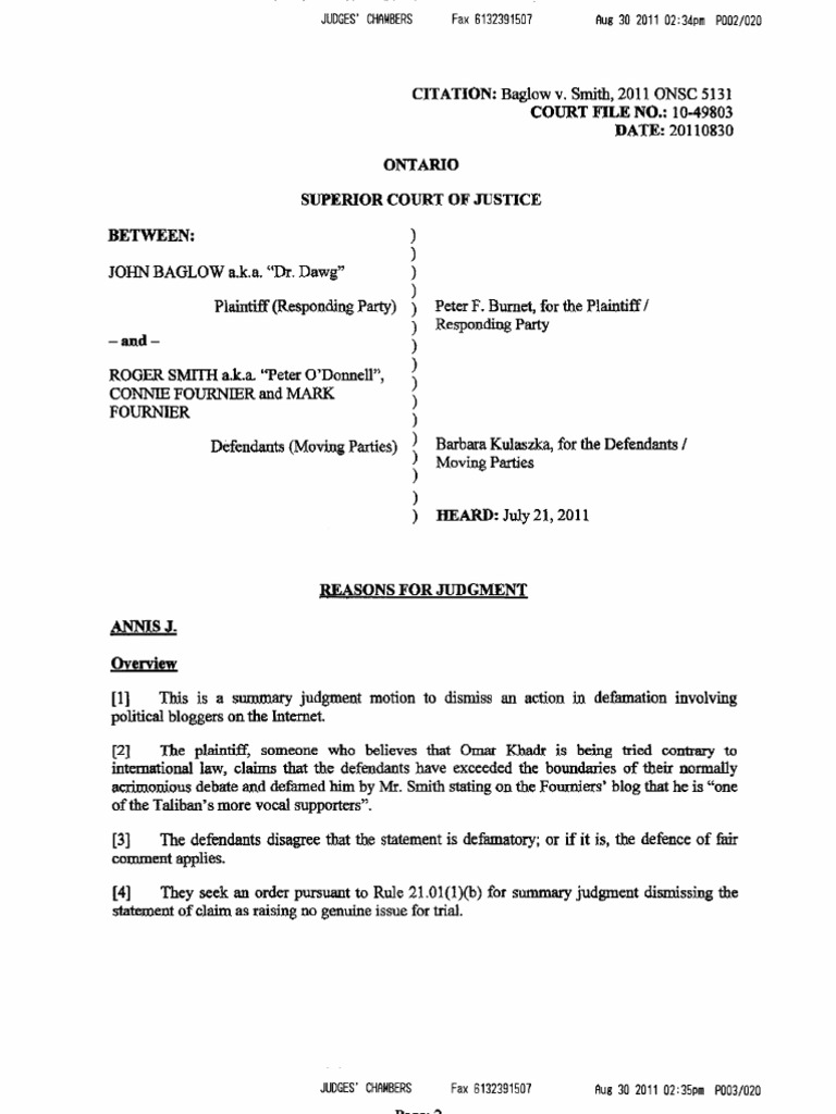 Baglow v. Smith Motion for Summary Judgment Defamation Summary