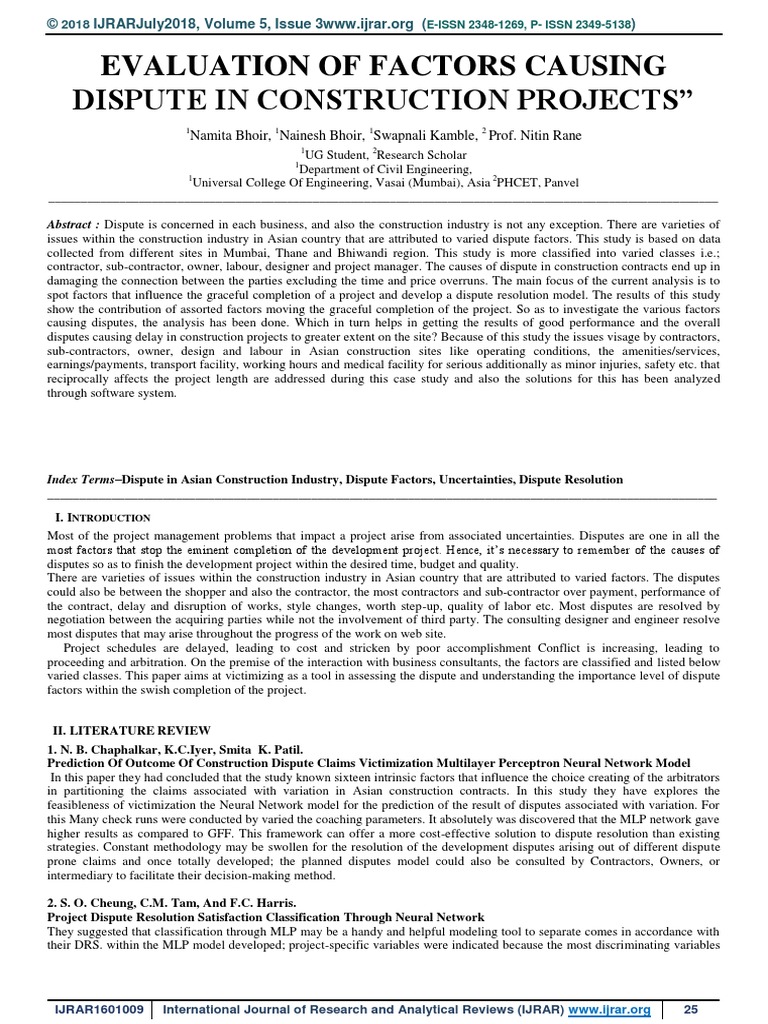Evaluation Of Factors Causing Dispute In Construction Projects